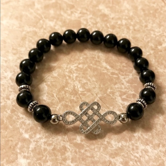 Genuine onyx white gold plated cz cubic zirconia celtic knot charm bracelet - Picture 9 of 10